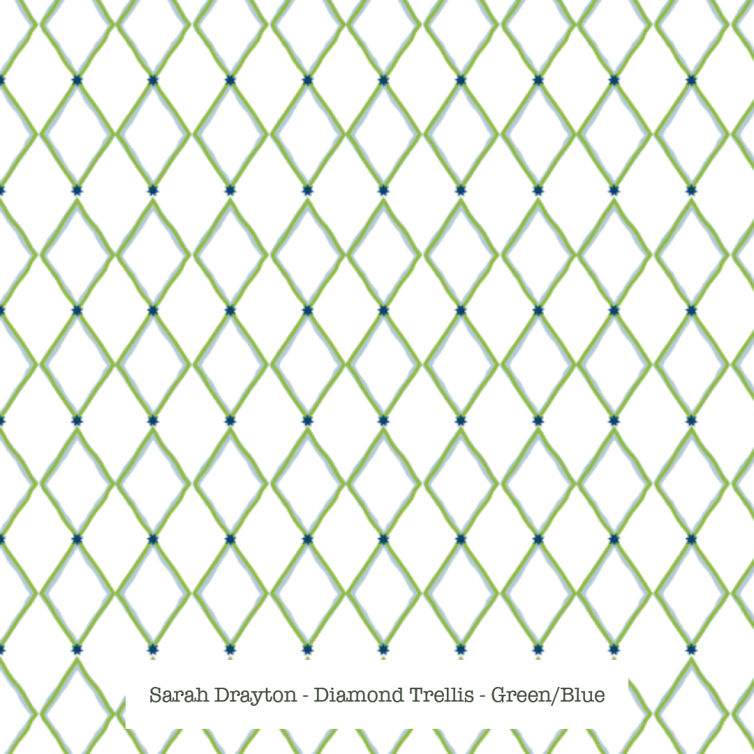 Sarah Drayton Textiles Diamond Trellis - Blue Green,  Birch and Ballota Custom Lampshade
